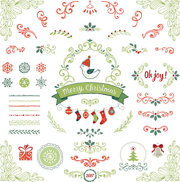 illustrazioni stock, clip art, cartoni animati e icone di tendenza di collezione di natale - christmas present bow christmas snowflake