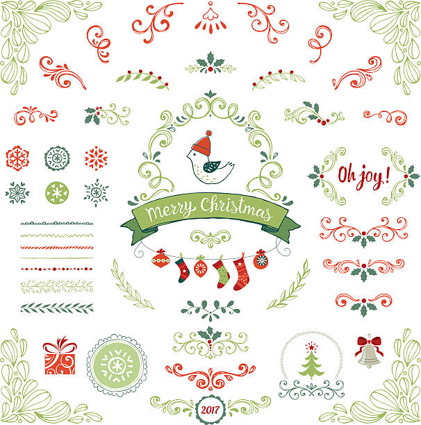 크리스마스 컬레션 - bird christmas holly christmas stocking stock illustrations