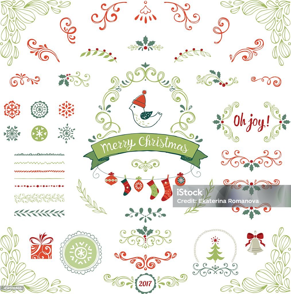 Christmas Collection Ornate Christmas collection. Swirl elements with Holly Berry, snowflakes, Christmas balls, socks, bird, gift box, pattern brushes, Christmas tree, bell, banner and other vector illustrations. Christmas stock vector