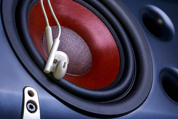 istock headphones on the background of audio speaker. 616906496