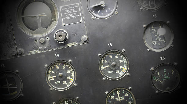 istock Different meters and displays in an old plane 616907880