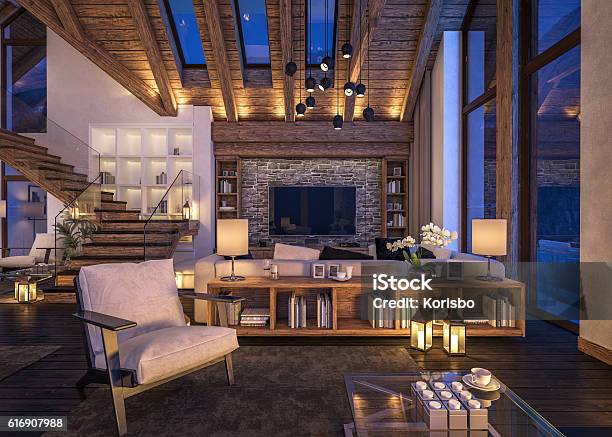 3d Rendering Of Evening Living Room Of Chalet Stock Photo - Download Image Now - Luxury, Chalet, Indoors