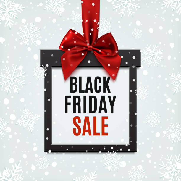 ilustraciones, imágenes clip art, dibujos animados e iconos de stock de venta de black friday, pancarta cuadrada en forma de regalo de navidad. - black ribbon gift bow