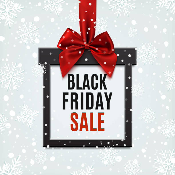Black Friday sale, square banner in form of Christmas gift. Black Friday sale, square banner in form of Christmas gift with red ribbon and bow, on winter background with snow and snowflakes. Brochure or banner template. holiday shopping stock illustrations