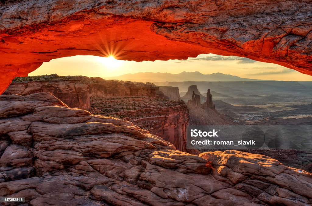 Mesa Arch at Sunrise, Canyonlands National Park, Utah Canyonlands National Park Stock Photo