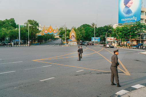 Bangkok, Thailand -October 19, 2016: Military men closed the road in Bangkok while mourning for the king Rama IX