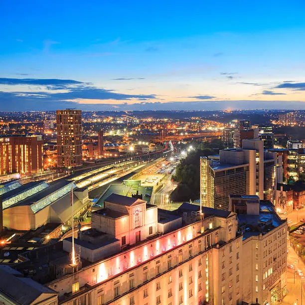 Aerial long exposure shot of the centre of the Leeds skyline at night. The photo shows from the centre looking westt. Much of this area has been redeveloped and is now populated with new restaurants, hotels, bars, shops and apartments. 