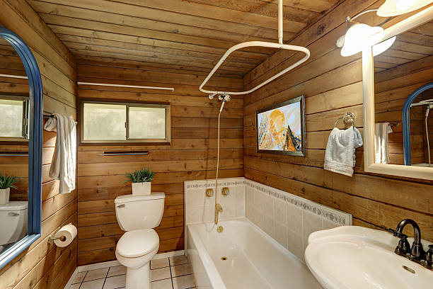 istock Bathroom interior in a luxurious log cabin. 617357322