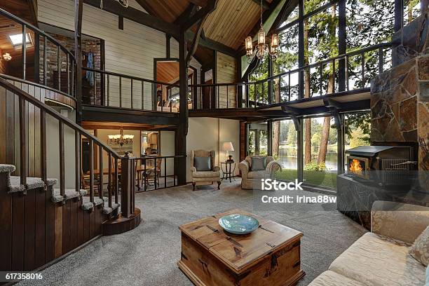 Modern Wooden Cottage House Interior With Living Room Close Up Stock Photo - Download Image Now