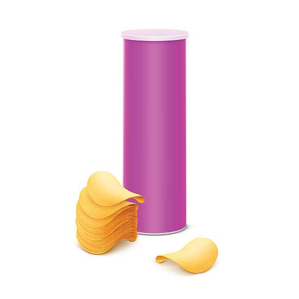 illustrazioni stock, clip art, cartoni animati e icone di tendenza di scatola rosa con pila di patatine croccanti sullo sfondo - box white stack white background