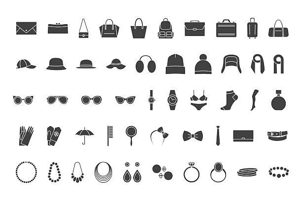 illustrations, cliparts, dessins animés et icônes de accessoires icônes noires: sacs, chapeaux, bijoux, lunettes - animal body