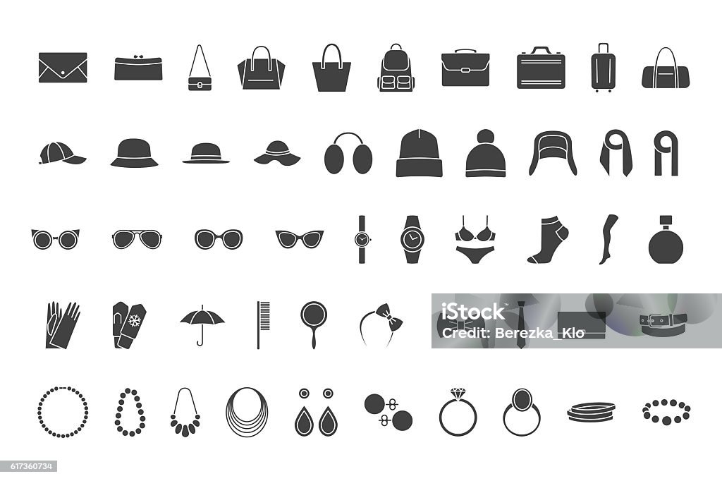 Black icons accessories: bags, hats, jewelry, glasses Black icons accessories: bags, hats jewelry glasses Vector Icon Symbol stock vector