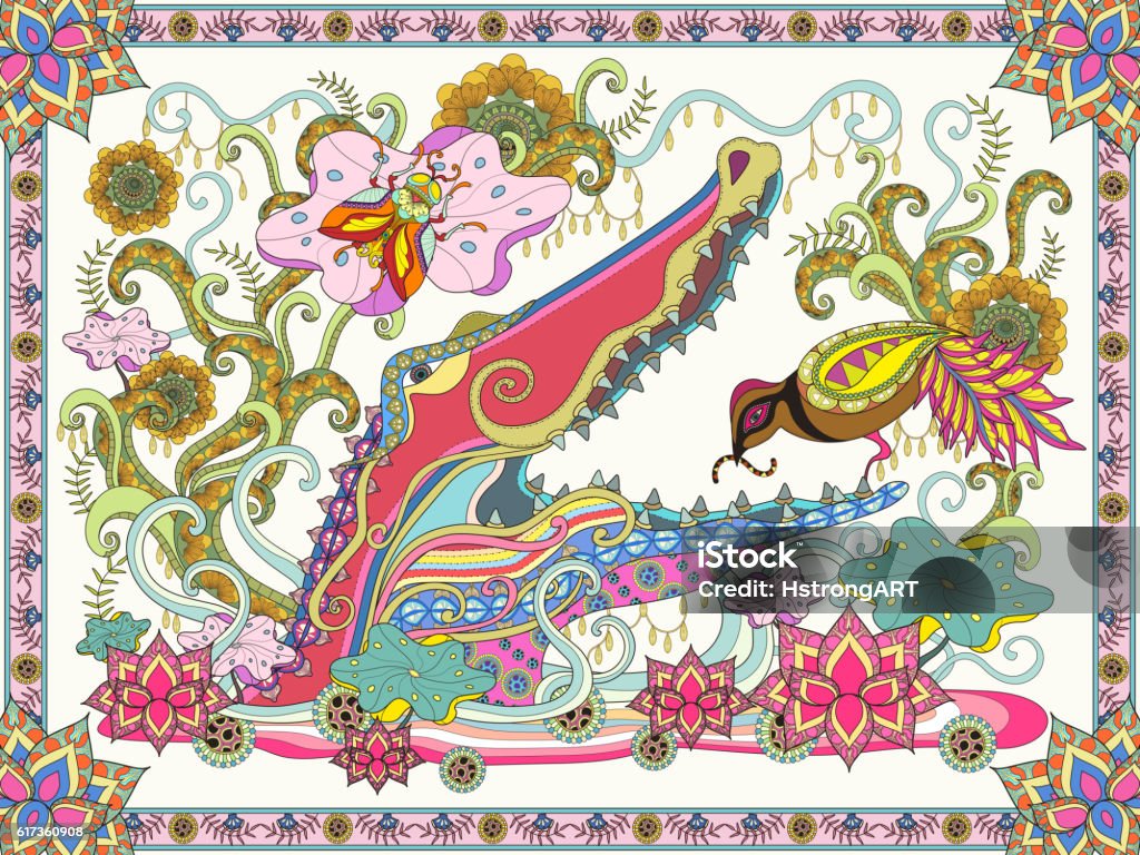 Fantastic adult coloring page Fantastic adult coloring page, pink crocodile and bird, decorative floral elements around them. Abstract stock vector