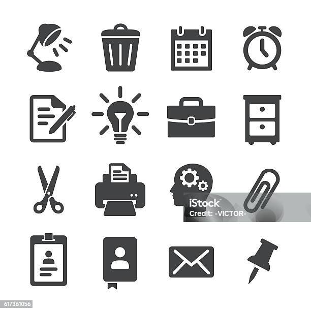 Icone Di Office Work Serie Acme - Immagini vettoriali stock e altre immagini di Icona - Icona, Puntina da disegno, Orologio sveglia