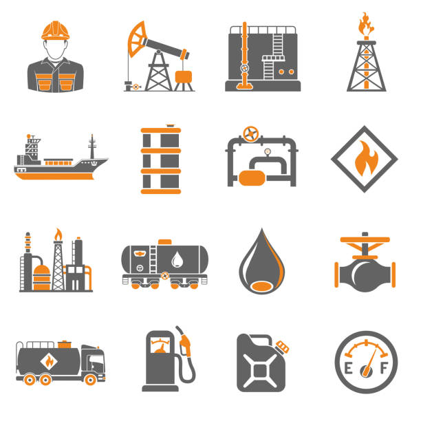 석유 산업 아이콘 세트 - semi truck fuel tanker truck diesel stock illustrations