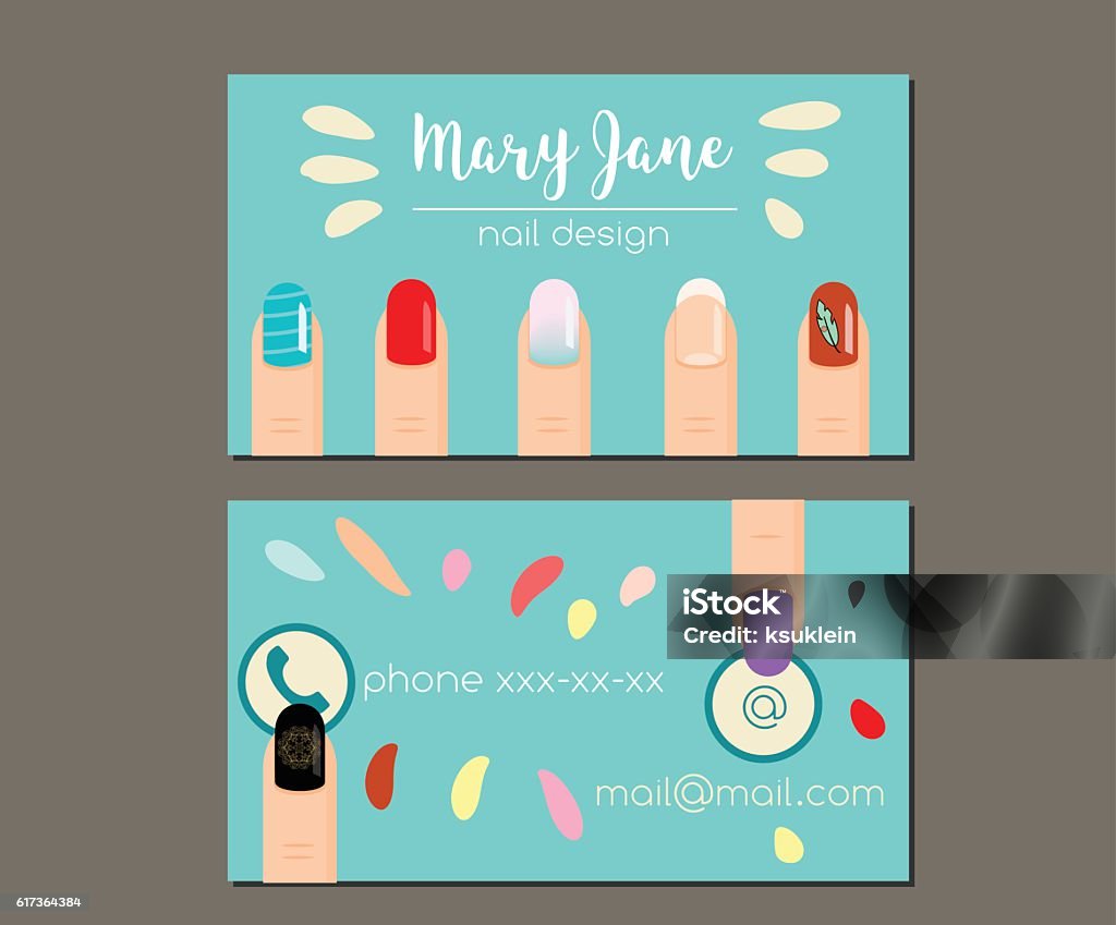 Business card design template. Manicure salon, nail studio, nail artist Business card design template with woman fingers. Flyer for manicure salon, nail design studio, nail artist Adult stock vector