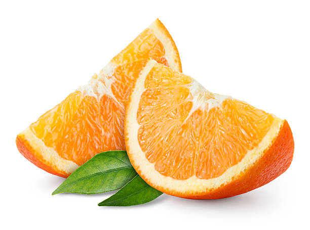 orange fruit slice isolated on white. - een stuk taart stockfoto's en -beelden