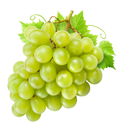 Fresh green grapes with leaves. Isolated on white. Clipping path.