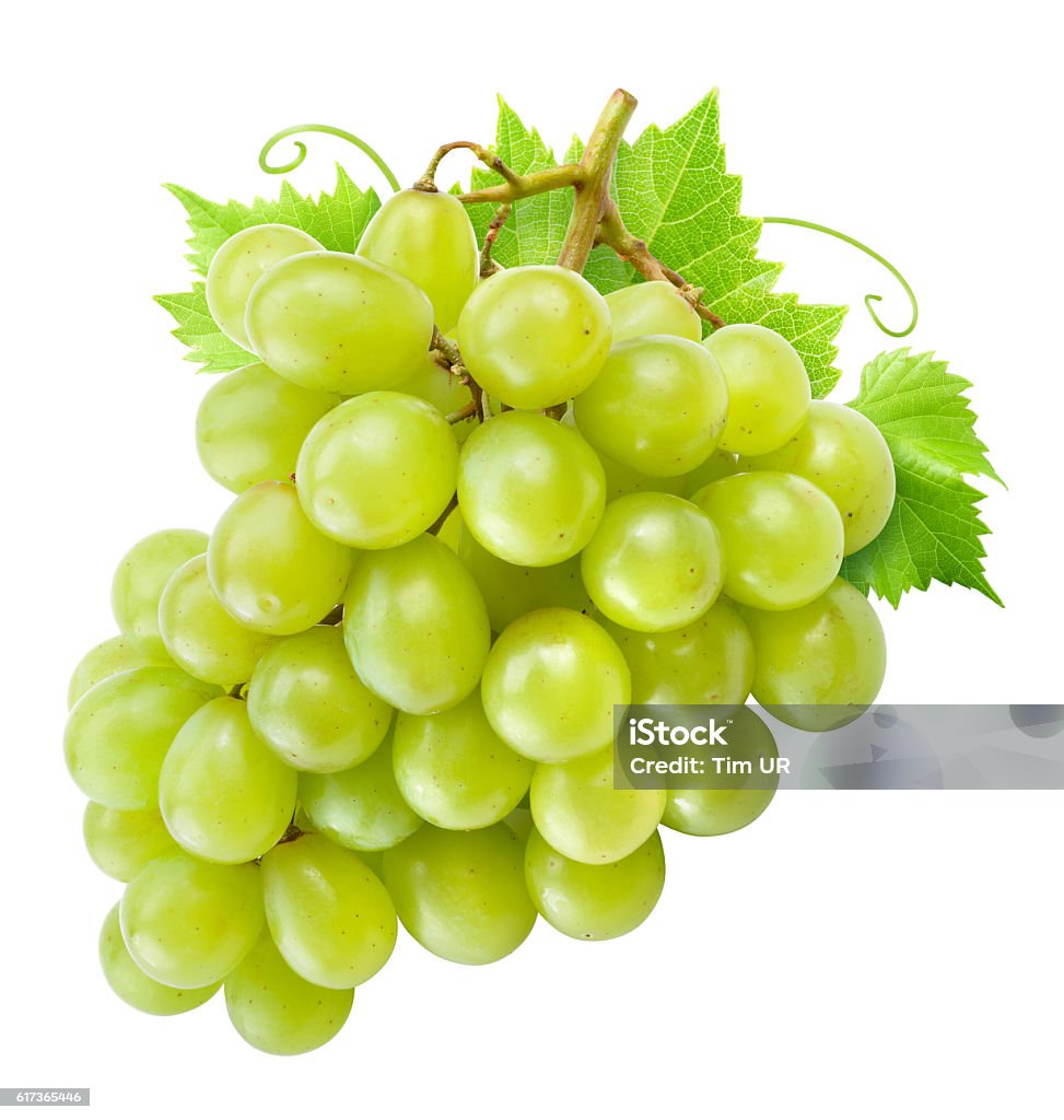 Fresh green grapes with leaves. Isolated on white. Clipping path. White Grape Stock Photo