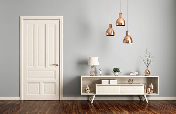 Modern living room interior with door 3d rendering Modern interior of living room with door and sideboard 3d rendering copper wall stock pictures, royalty-free photos & images