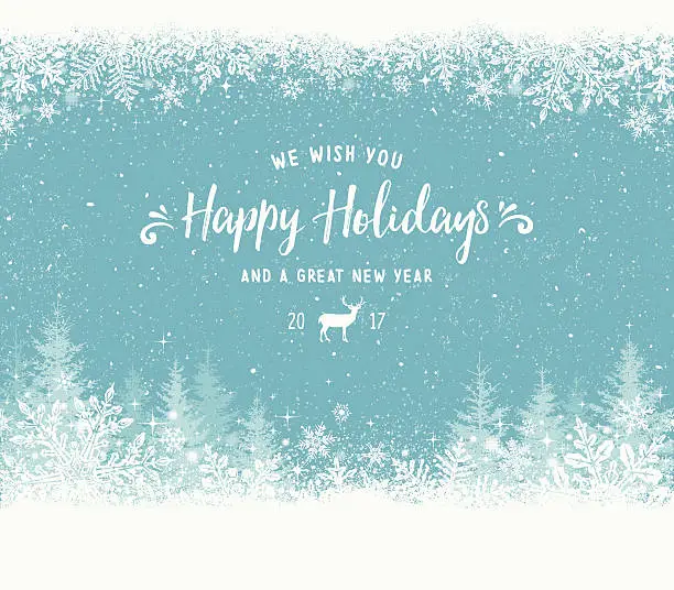 Vector illustration of Holiday Background with Snowflake Frame, Christmas Trees and Reindeer