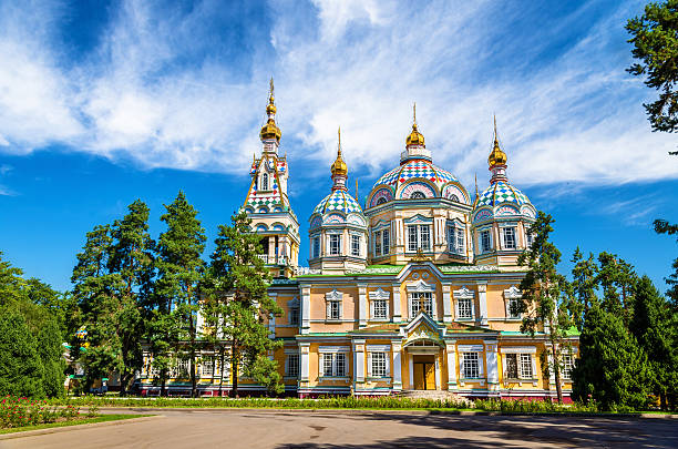 ascension cathedral in panfilov park of almaty, kazakhstan - cross shape religion sky wood imagens e fotografias de stock