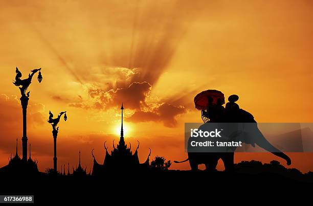 Silhouette Of Elephant With Temple In Thailand Stock Photo - Download Image Now - Elephant, In Silhouette, Urban Skyline