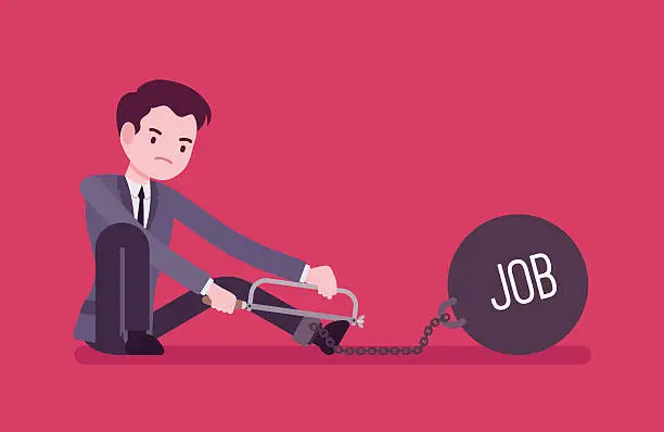 Vector illustration of Businessman chained with a metall weight Job, sawing