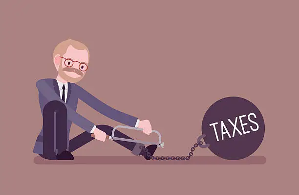 Vector illustration of Businessman chained with a metall weight Taxes, sawing