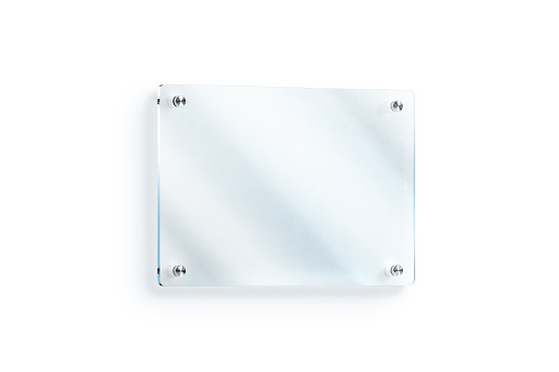 Blank glass sign plate wall-mounted mockup, clipping path, 3d rendering. Clear acrylic signboard design mock up. Empty shiny nameplate holder fixed on white wall. Office door glassy signage template.