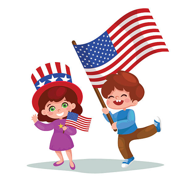 ilustrações, clipart, desenhos animados e ícones de crianças americanas segurando bandeiras americanas. patriotas americanos. - parade flag child patriotism