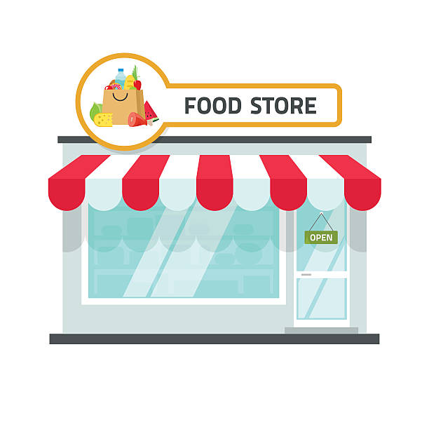 bildbanksillustrationer, clip art samt tecknat material och ikoner med food store building vector illustration, grocery shop facade storefront - skyltfönster