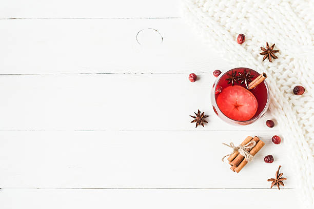 Christmas drink. Traditional mulled wine with spices. Flat lay