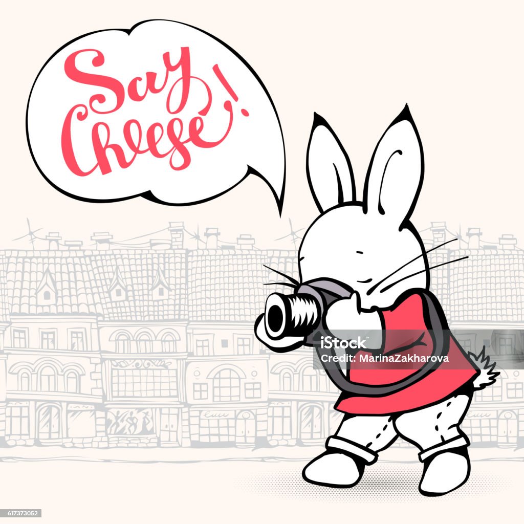 Bunny Illustration of a cartoon Bunny with a camera in the city. Hand-drawn illustration. Vector. Animal stock vector