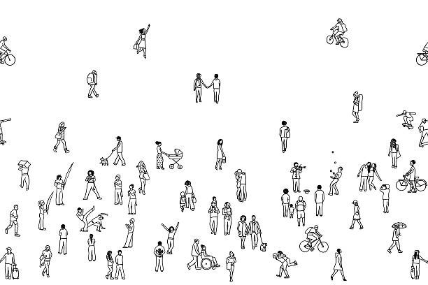 Seamless banner of tiny people, can be tiled horizontally Tiny pedestrians, people in the street, a diverse collection of tiny hand drawn men and women walking through the city crowd of people patterns stock illustrations