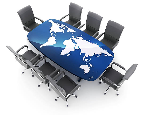 istock Conference room and world map on table 617374248
