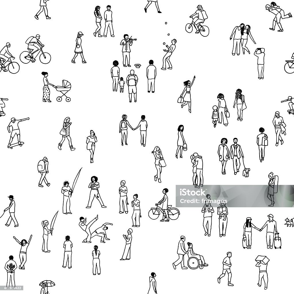 Seamless pattern of tiny people Tiny pedestrians, people in the street, a diverse collection of tiny hand drawn men and women walking through the city People stock vector