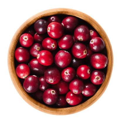 Fresh cranberries in a wooden bowl on white background. Ripe berries of Vaccinium macrocarpon, also large cranberry, American cranberry or bearberry. Isolated macro food photo close up from above.