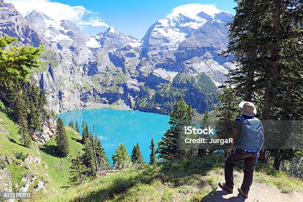 Hiking At Oeschinen Lake In Berner Oberland In Switzerland Stock Photo - Download Image Now