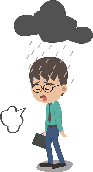 Unlucky business man waliking in the rain, He holding bag in his hand. Sadness business man has a cold and he is weary. Character flat design vector illustration.