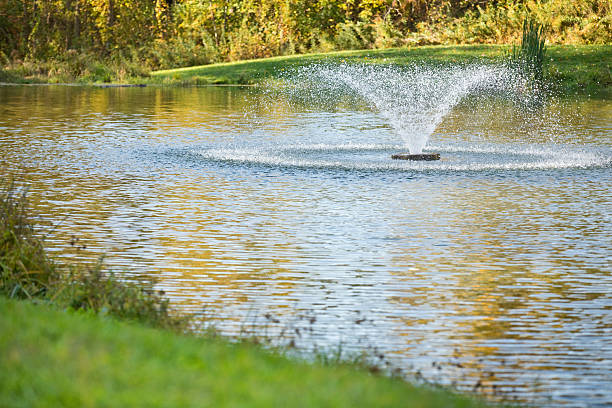 Pond With Fountain A small pond with a fountain on a beautiful fall day. pond fountains stock pictures, royalty-free photos & images