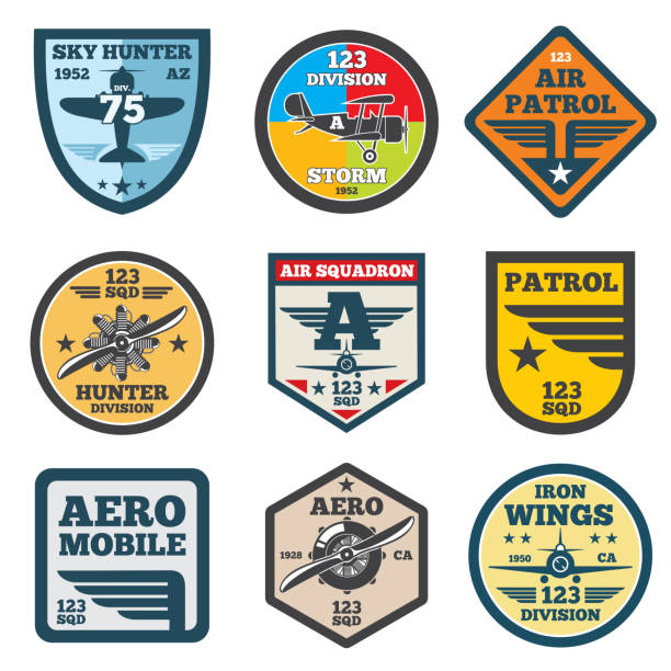 illustrations, cliparts, dessins animés et icônes de avion à réaction de l’armée, aviation, étiquettes vectorielles de l’armée de l’air, badges de patch, emblèmes - army air corps