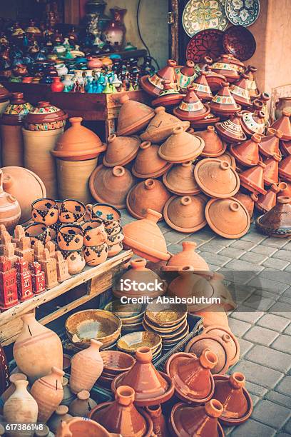 Colorful Moroccan Ceramics Tajine Pots In Marrakesh Morocco Africa Stock Photo - Download Image Now