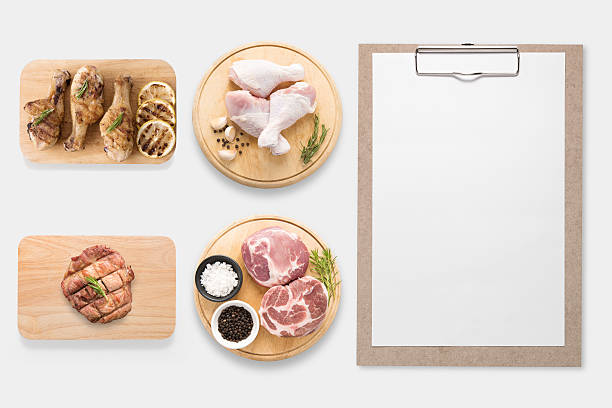 Design concept of mockup clipboard and pork, chicken drumstick. Design concept of mockup clipboard and pork, chicken drumstick on cutting board set isolated on white background. Copyspace for text and logo. Clipping Path included on white background. beef pad stock pictures, royalty-free photos & images