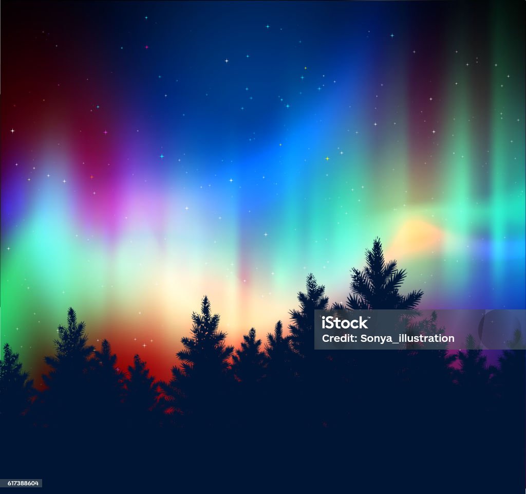 Winter landscape with northern lights Winter landscape background with northern lights and black spruce forest silhouette. Aurora Borealis stock vector