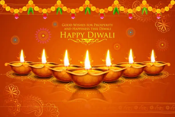 Vector illustration of Burning diya on Happy Diwali Holiday background for light festival