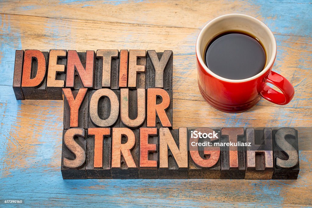 Identify your strengths Identify your strengths - word abstract in vintage letterpress wood type blocks stained by color inks with a cup of coffee Characters Stock Photo