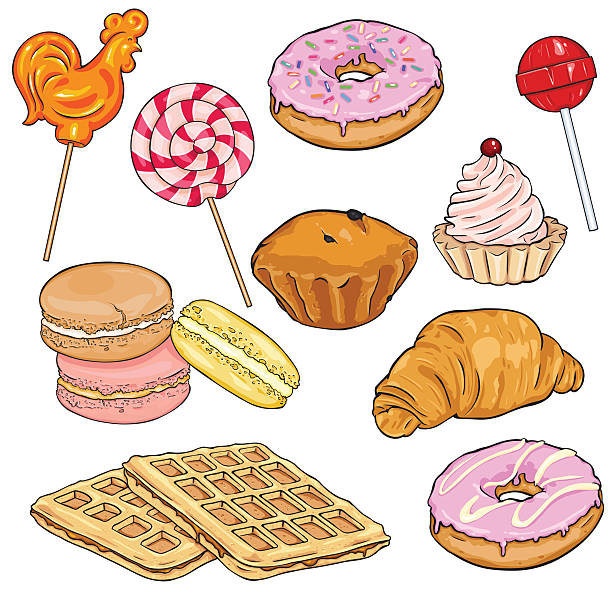 ilustrações, clipart, desenhos animados e ícones de conjunto vetorial de sobremesas de desenhos animados. lolipops, donuts, macaronies e panificação - macaronies