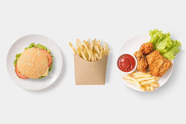 Concept of mock up burger, french fries and fried chicken. Concept of mock up burger, french fries and fried chicken set isolated on white background. Copy space for text and logo. Clipping Path included on white background. wrap sandwich photos stock pictures, royalty-free photos & images