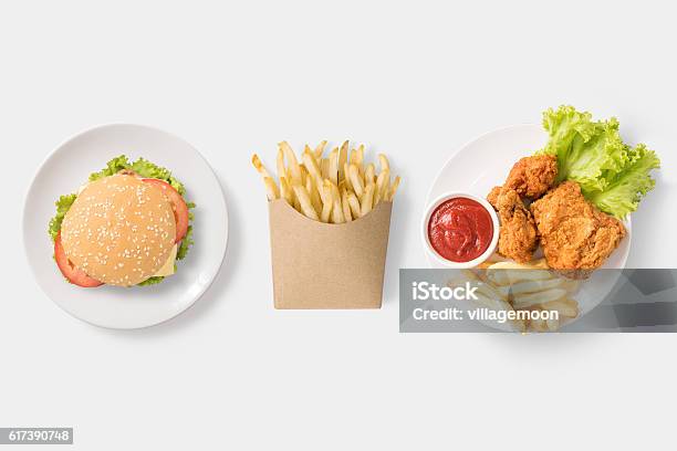 Concept Of Mock Up Burger French Fries And Fried Chicken Stock Photo - Download Image Now